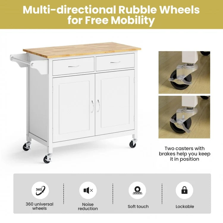 Modern Rolling Kitchen Cart Island with Wood Counter Top