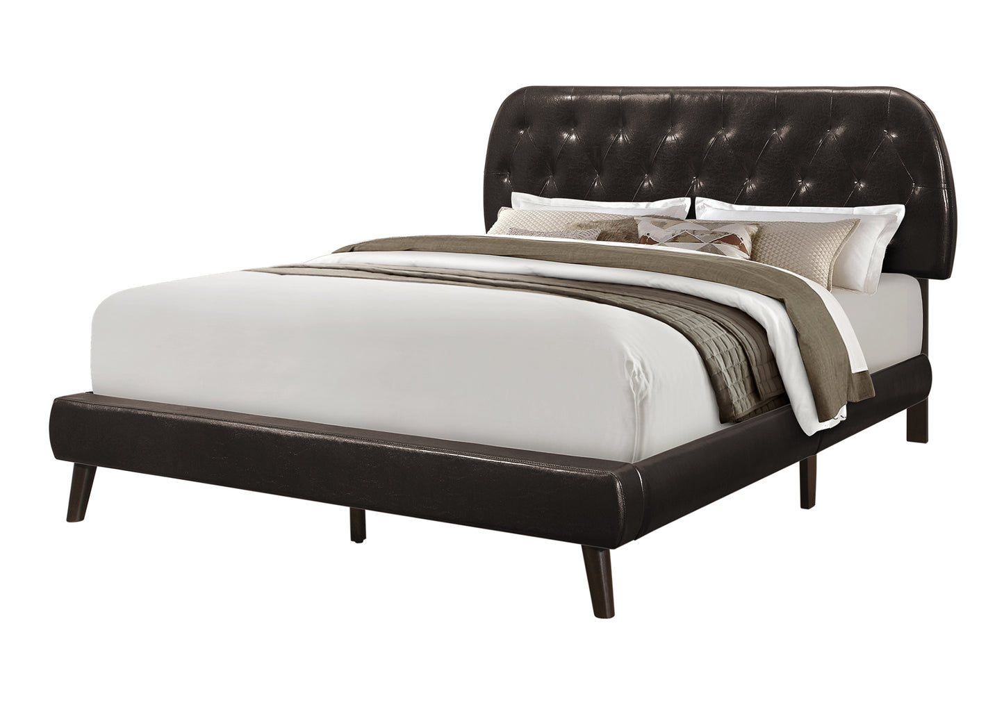 LIT - QUEEN SIZE / SIMILI-CUIR MARRON AVEC PIEDS EN BOIS