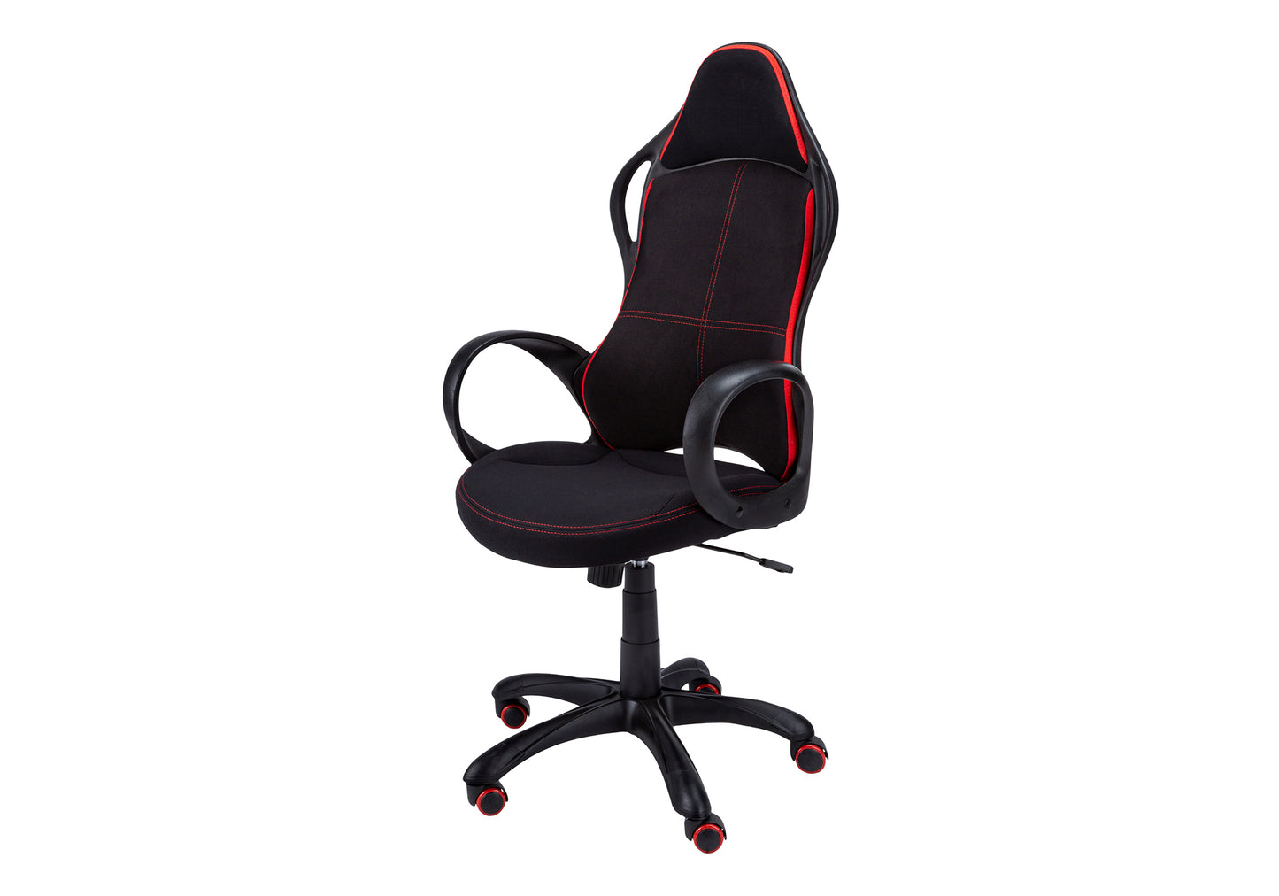 Red and Black Fabric Office Chair with ergonomic high back, armrests, and rolling swivel base