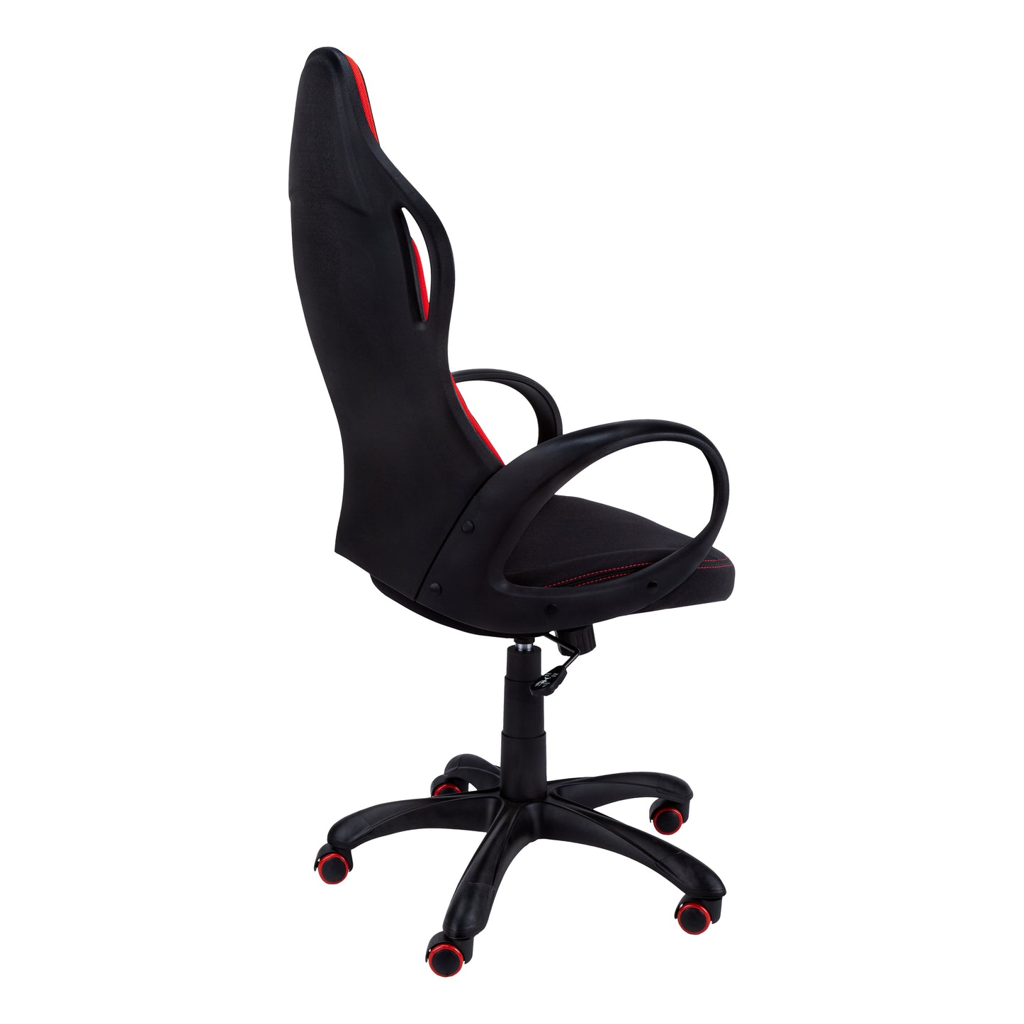 Side view of Red and Black Fabric Office Chair showing ergonomic backrest, curved armrests, and rolling swivel base"