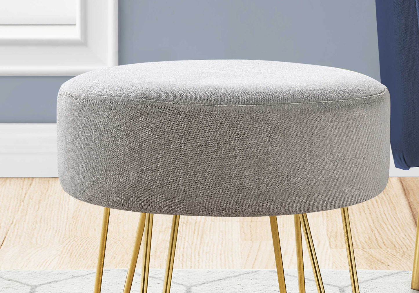 Close up Silver Ottoman with Gold Legs/ Gold Metal Legs