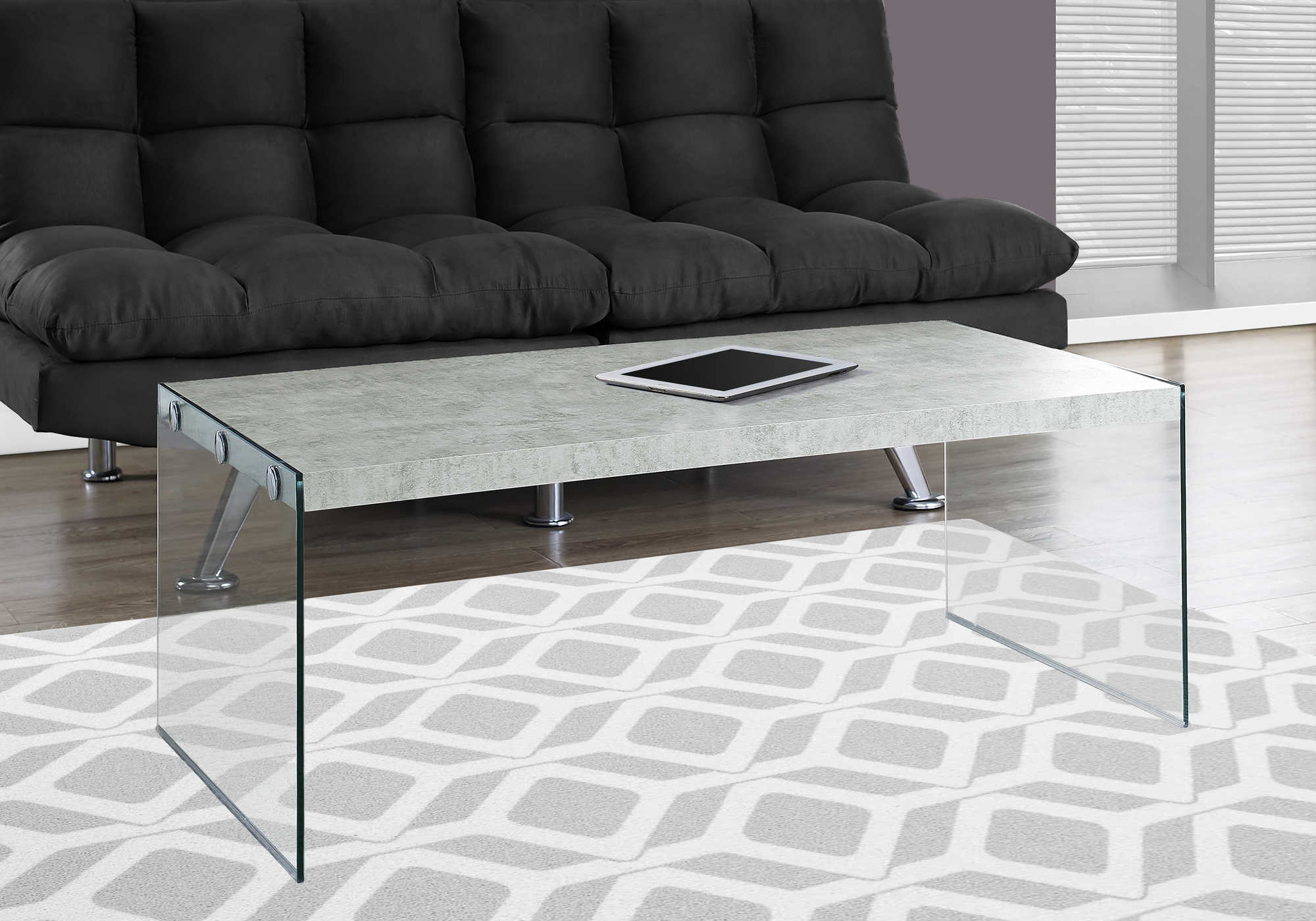 GREY CEMENT COFFEE TABLE WITH TEMPERED GLASS
