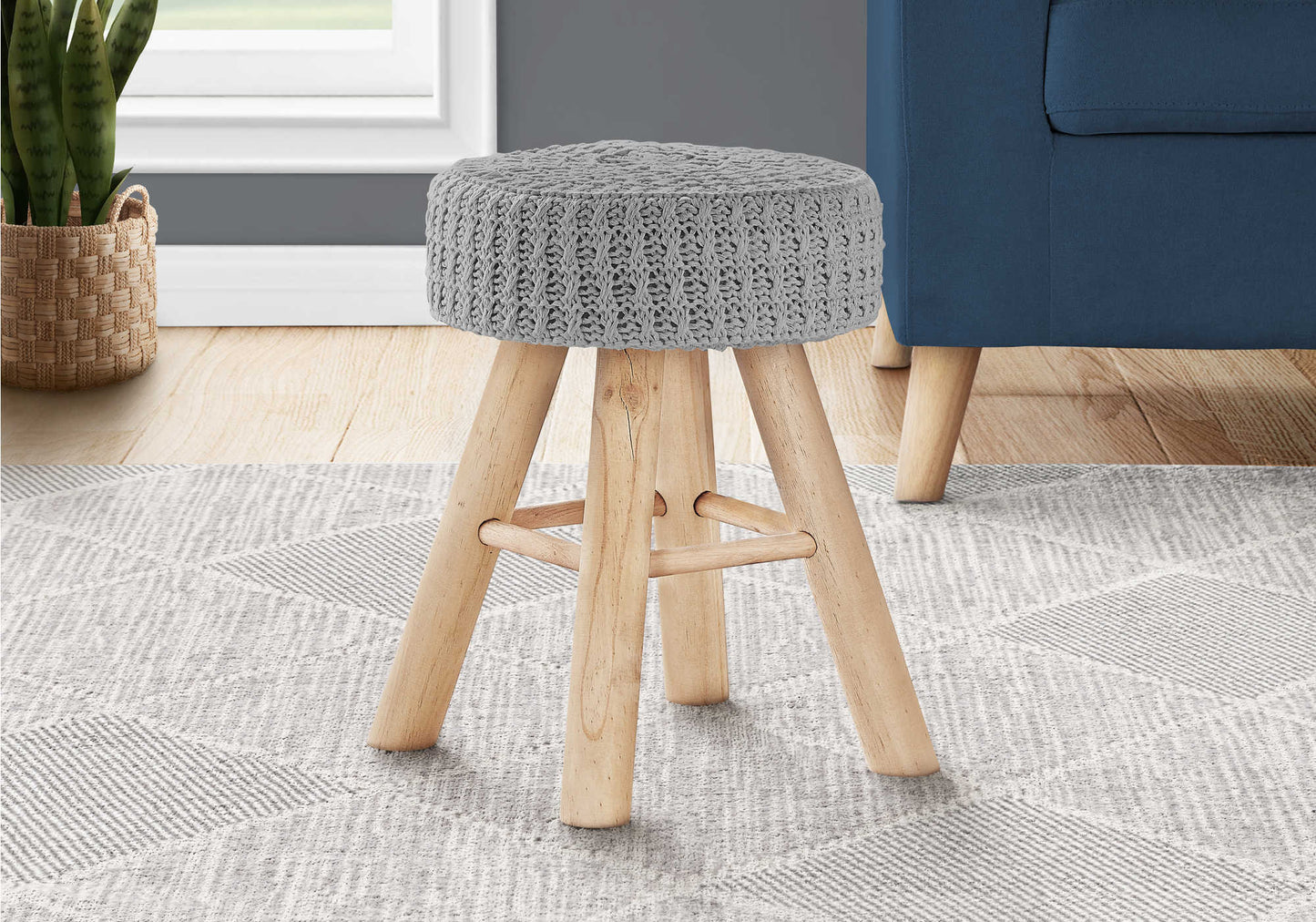 GREY KNIT OTTOMAN / NATURAL WOOD LEGS