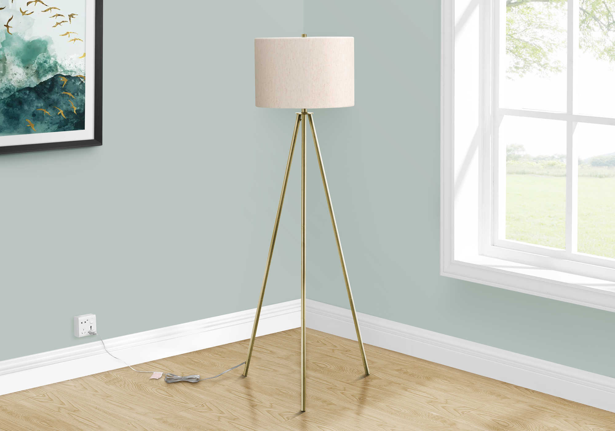LIGHTING - 63"H  BRASS TRIPOD FLOOR LAMP / IVORY