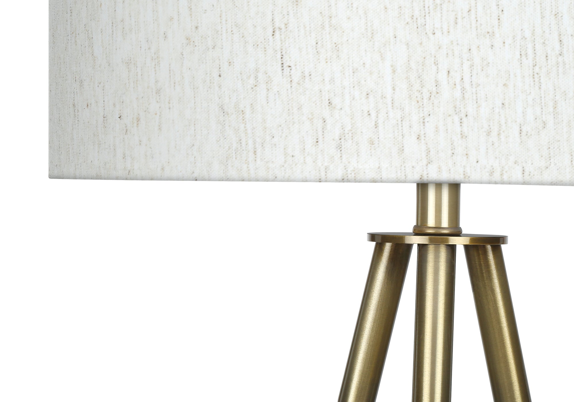 LIGHTING - 63"H  BRASS TRIPOD FLOOR LAMP / IVORY Close up