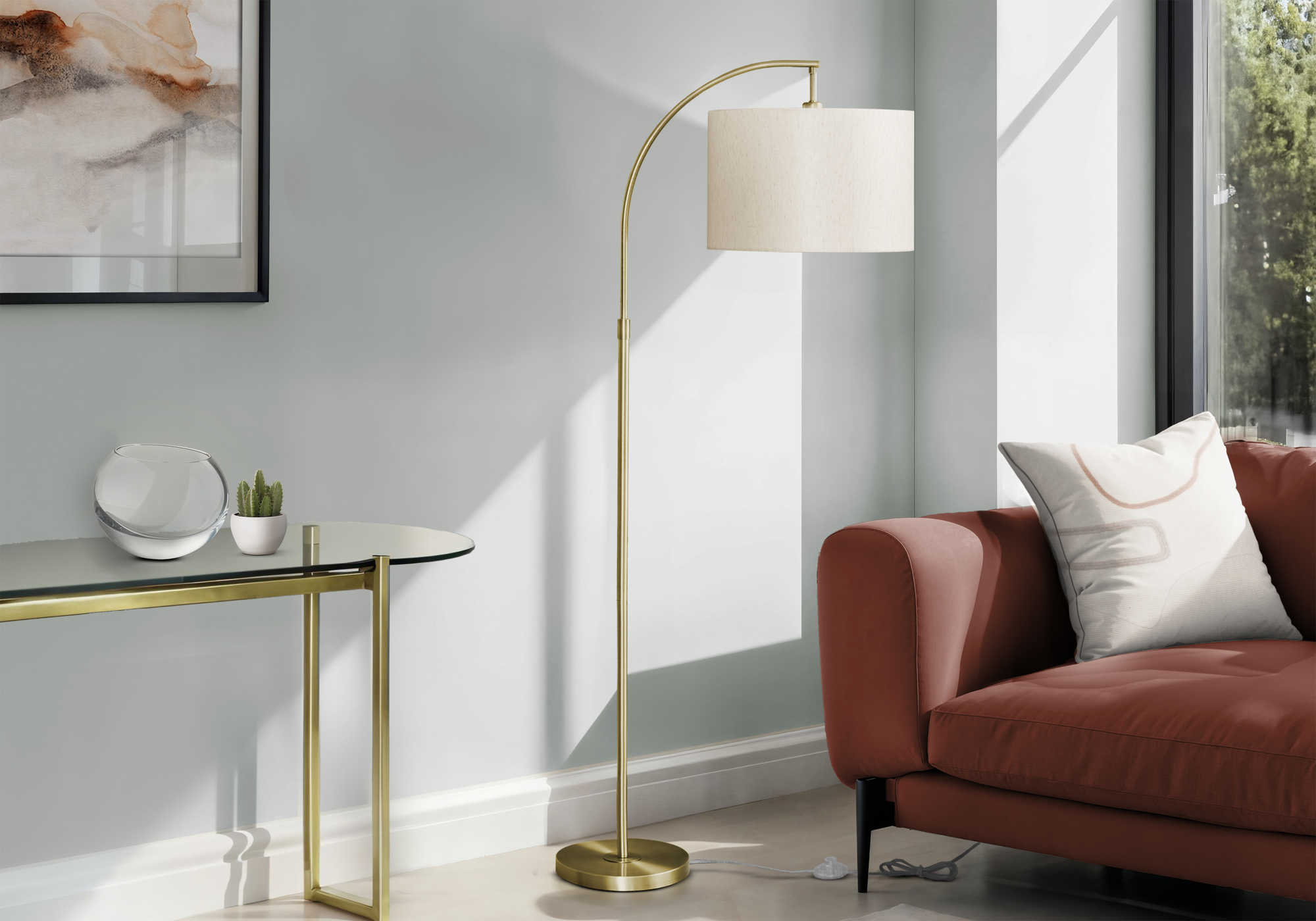 LIGHTING - 65"H BRASS METAL ARC FLOOR LAMP / IVORY