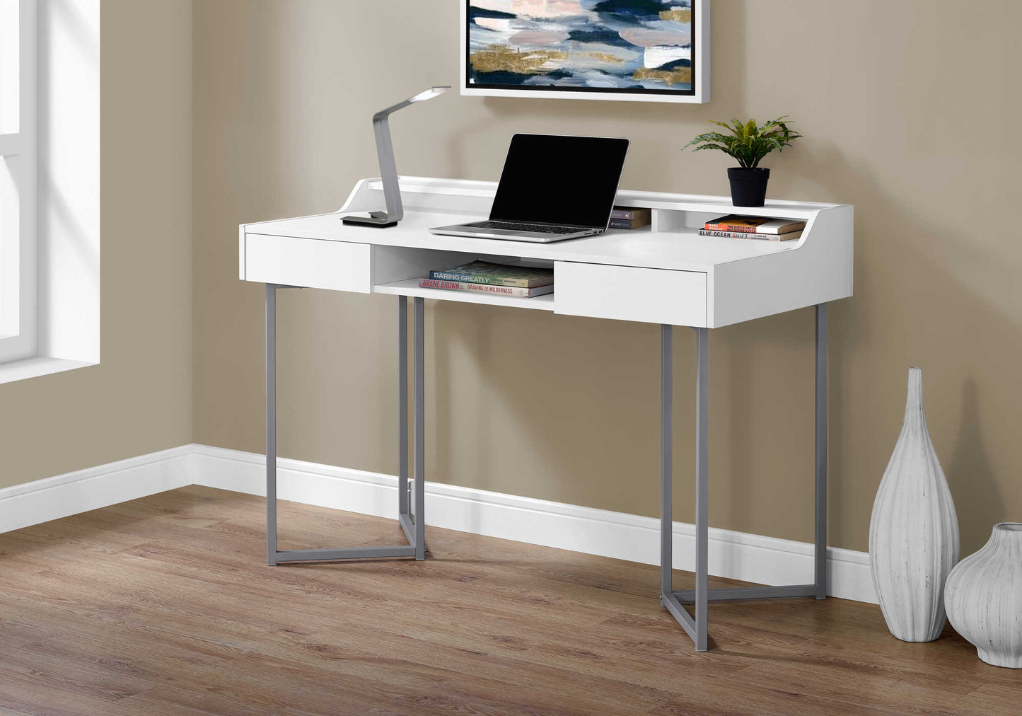 White Computer Desk with drawers, shelves & metal legs