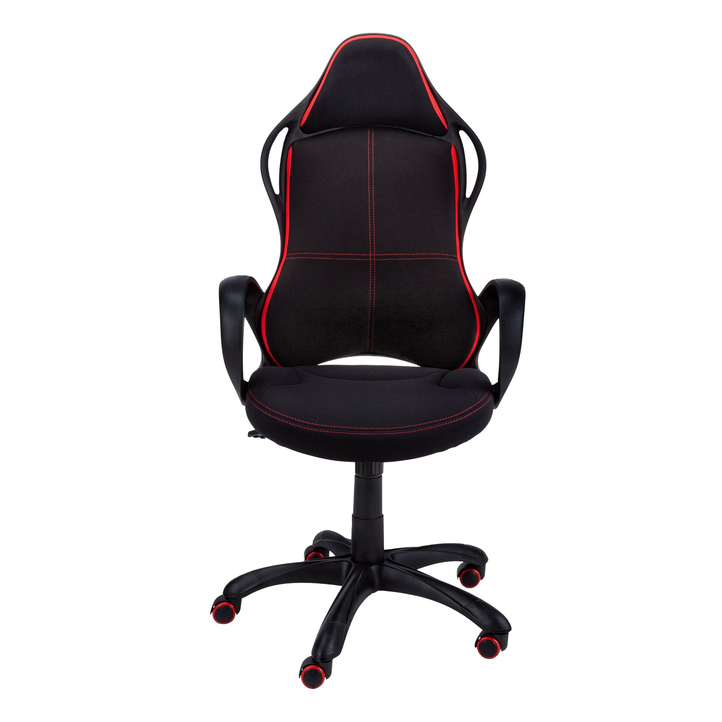 Red and Black Fabric Office Chair tilt-and-lock and height adjustment controls