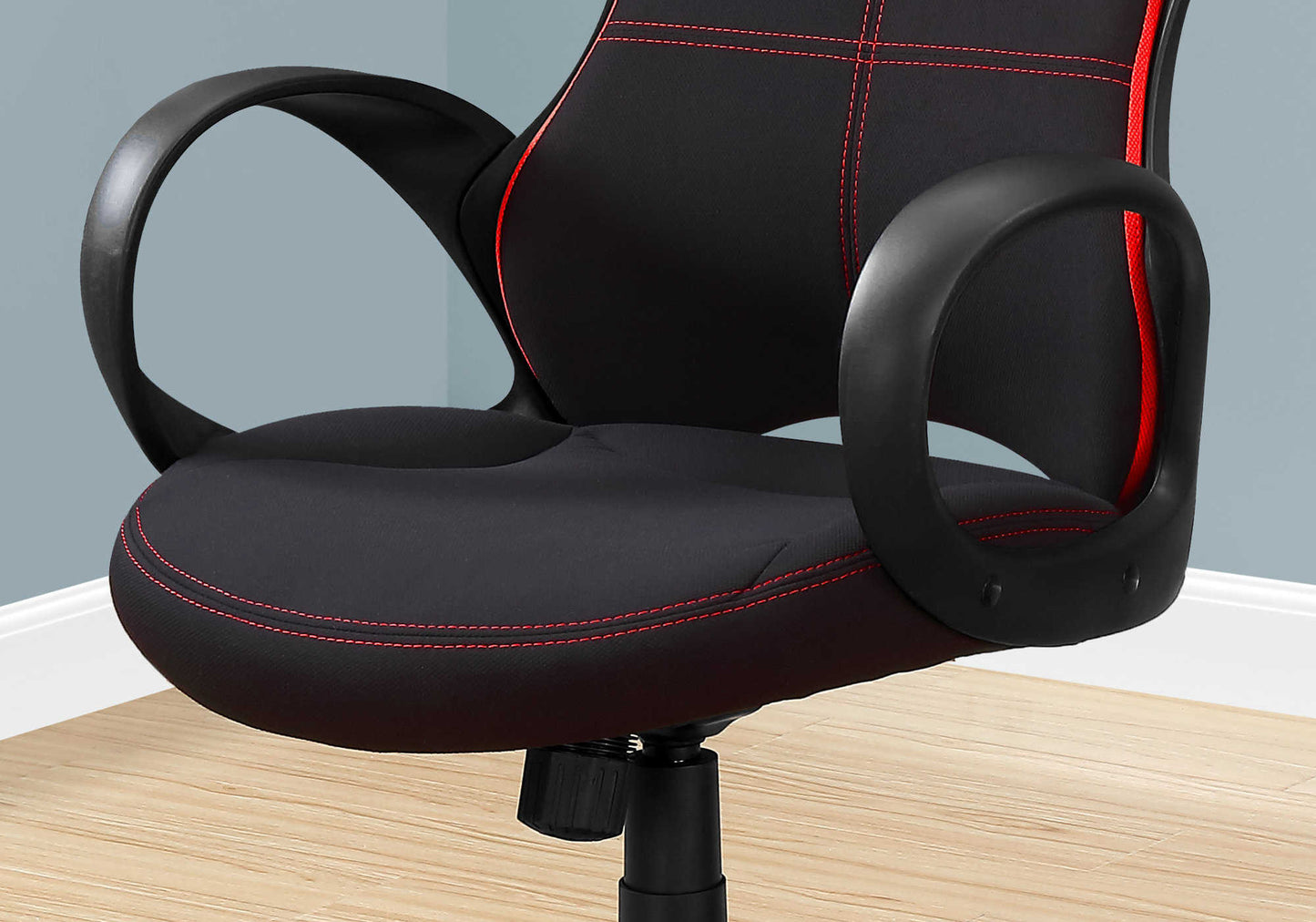 Side view of Red and Black Fabric Office Chair showcasing ergonomic padding and quality finish