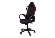Red and Black Fabric Office Chair with ergonomic high back, armrests, and rolling swivel base