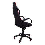 Side view of Red and Black Fabric Office Chair showing ergonomic backrest, curved armrests, and rolling swivel base"